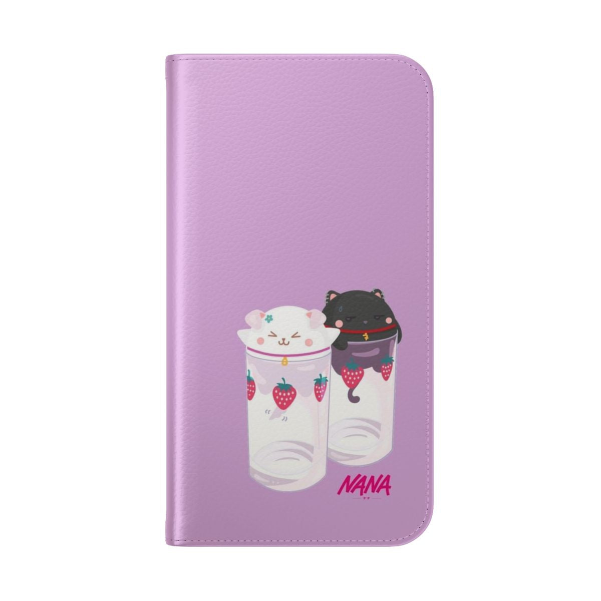 A flip cover phone case with a strawberry glasses print, inspired by the popular anime and manga series Nana. - Folded Back