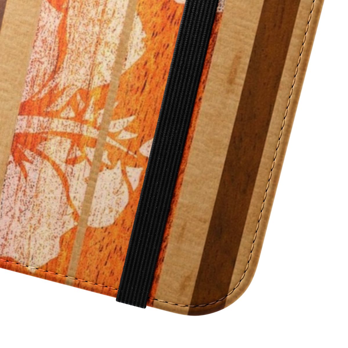 Orange flip cover phone case with faux wood surfboard design - Close Up