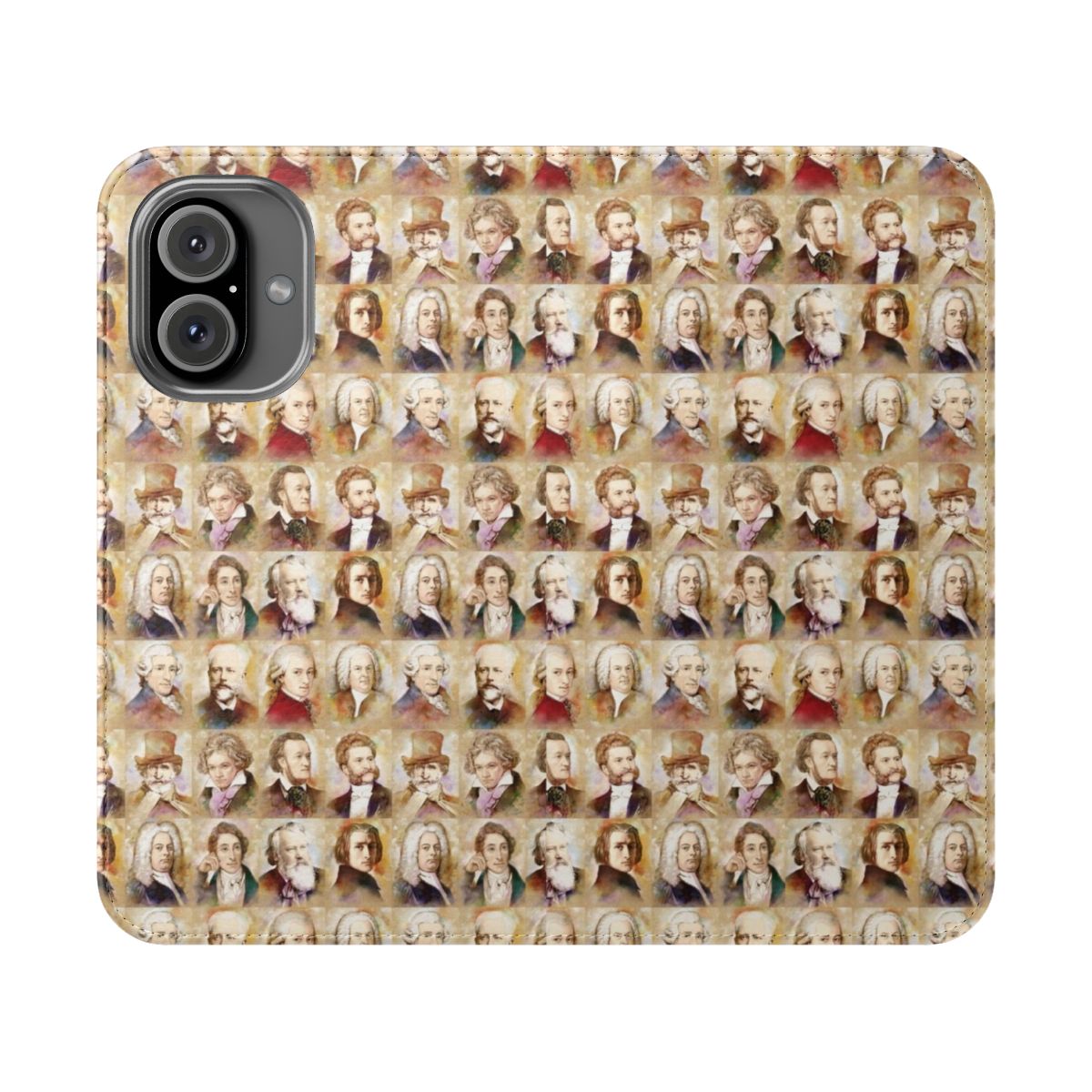 A custom flip cover phone case featuring watercolor artworks of famous classical composers like Mozart, Bach, Beethoven, and more.