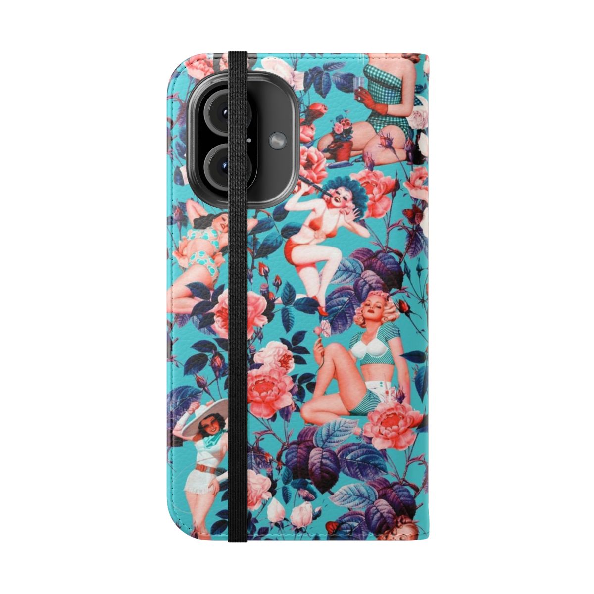 Retro floral and pinup-style flip cover phone case - Folded Front