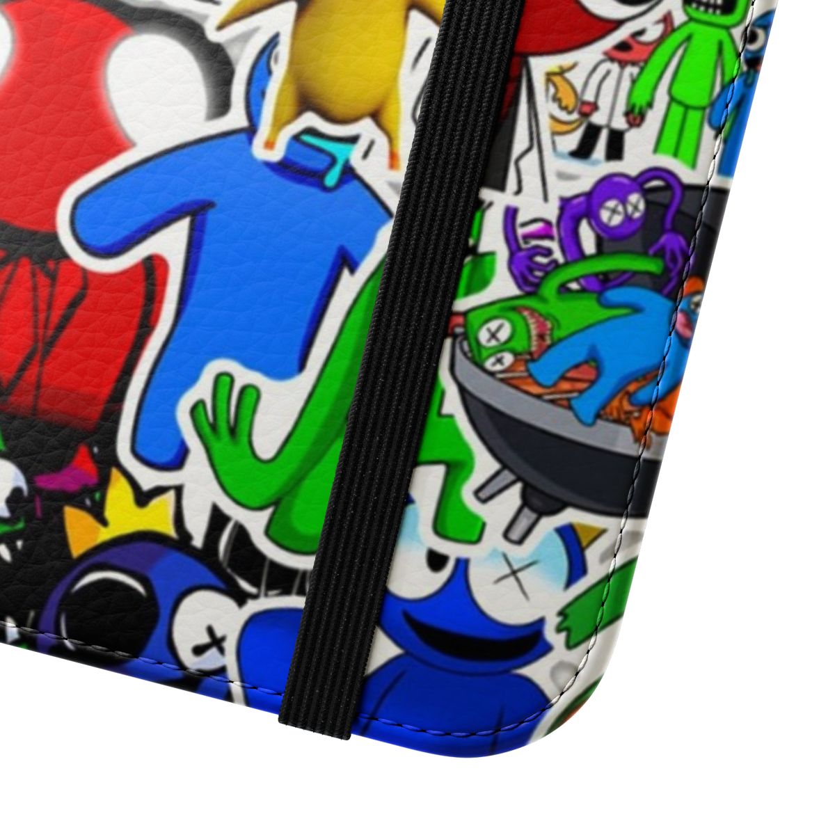 Vibrant, multicolored phone case with rainbow friends-style graphics and characters - Close Up