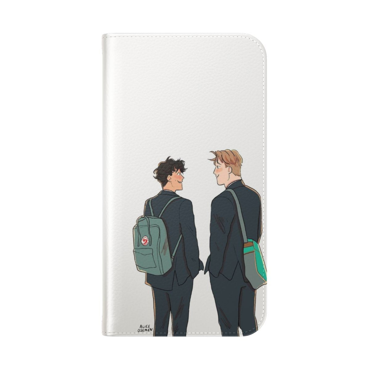 Heartstopper-inspired flip cover phone case with Nick and Charlie artwork - Folded Back