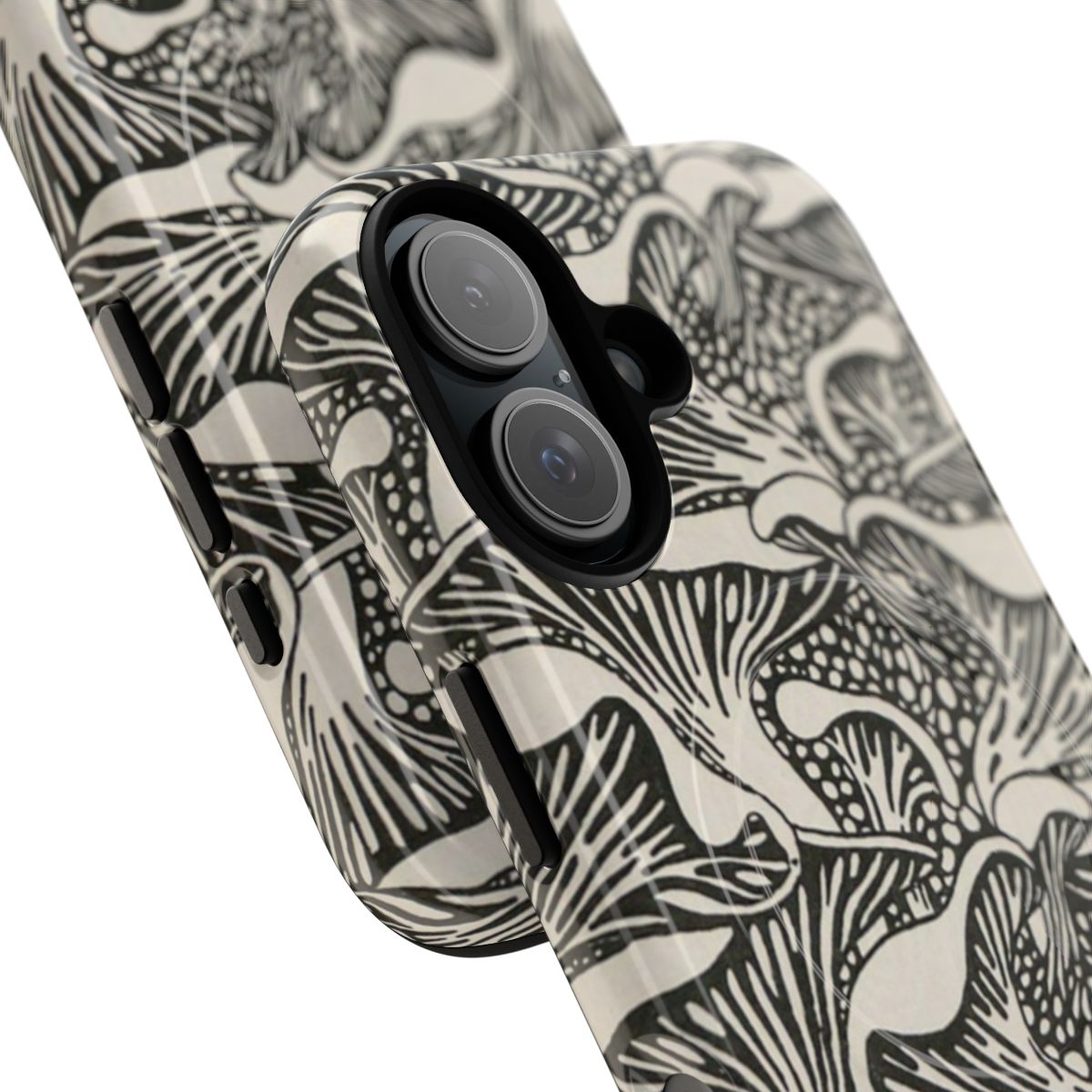 Vintage-inspired art nouveau style phone case featuring a whimsical mushroom pattern - Detail