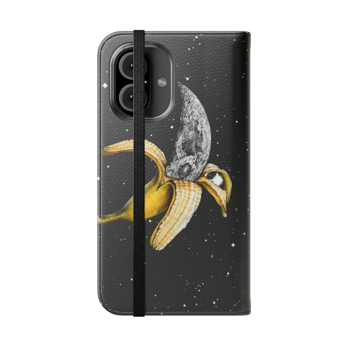 A whimsical phone case featuring a crescent moon and banana in a surreal, abstract space-themed design. - Folded Front