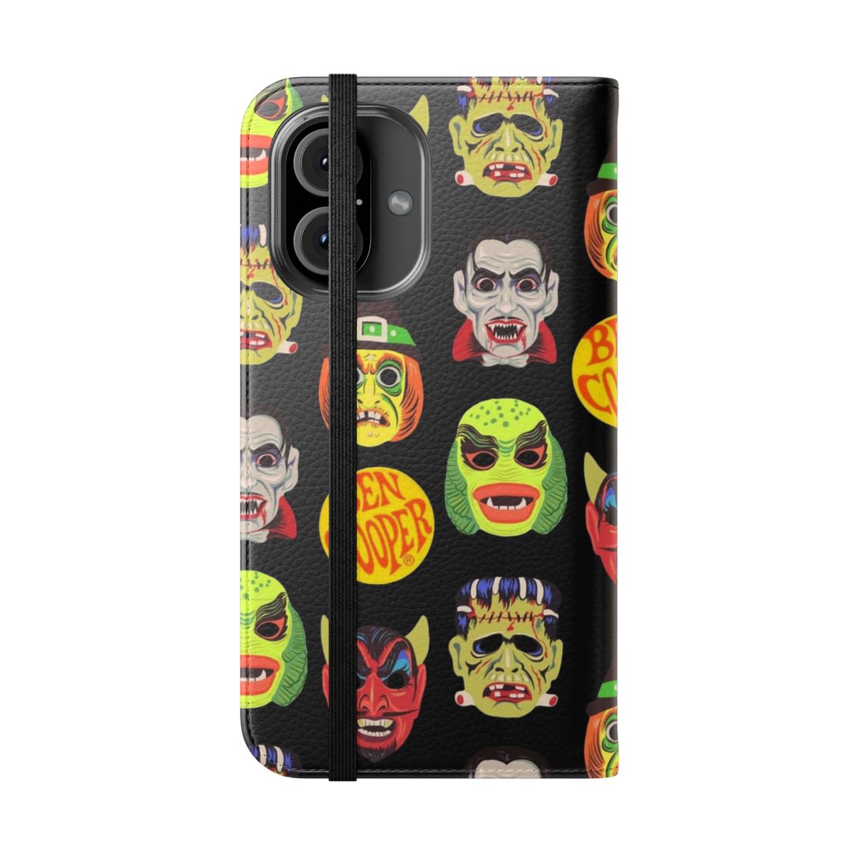 Vintage-style Halloween masks phone case featuring classic monster designs - Folded Front