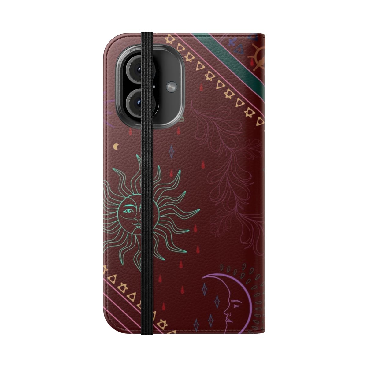 Ornate flip cover phone case with a mystical, fantasy-inspired pattern - Folded Front