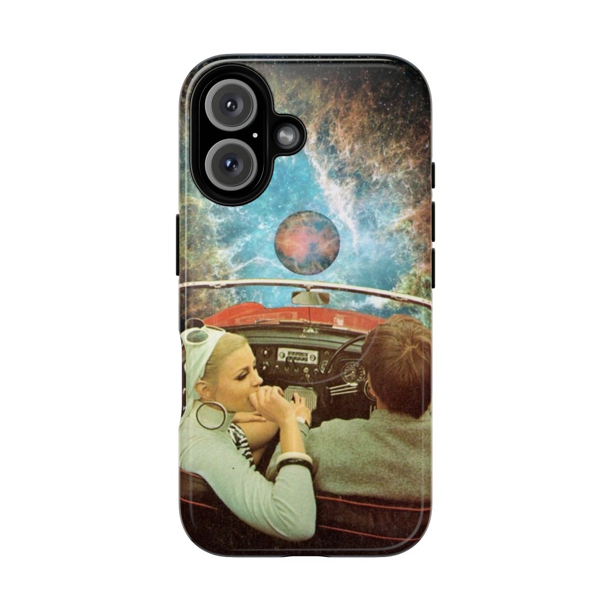 A surreal collage artwork phone case with planets, nebula, and stars in the night sky.