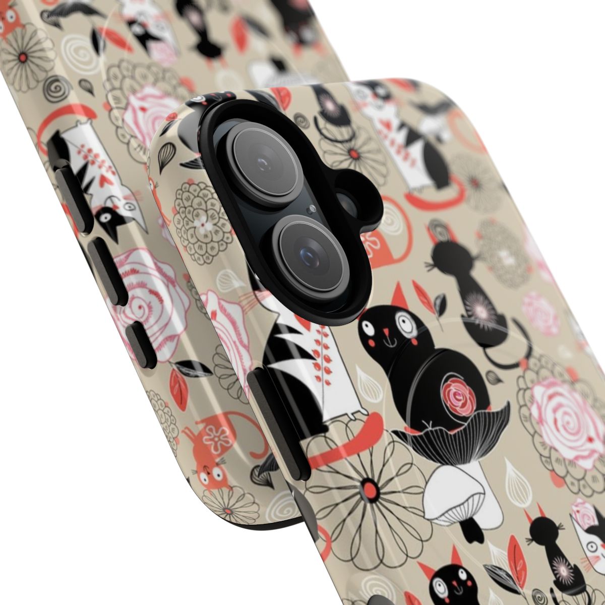 Vibrant floral pattern with playful cats on a magnetic tough phone case - Detail