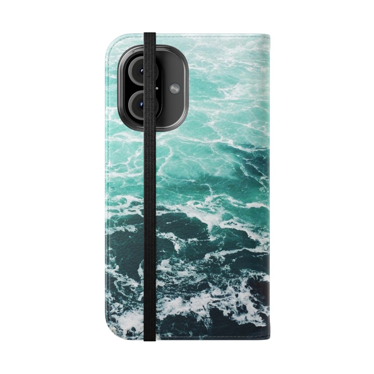 Vibrant blue and turquoise phone case with a beautiful ocean wave and beach pattern - Folded Front