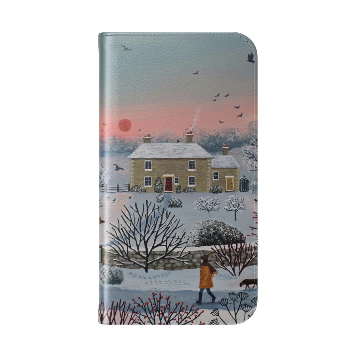 Flip cover phone case featuring a winter landscape with snow, dogs, and a cottage at sunset - Folded Back