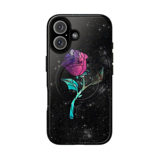 Stained glass rose galaxy design on a durable magnetic phone case