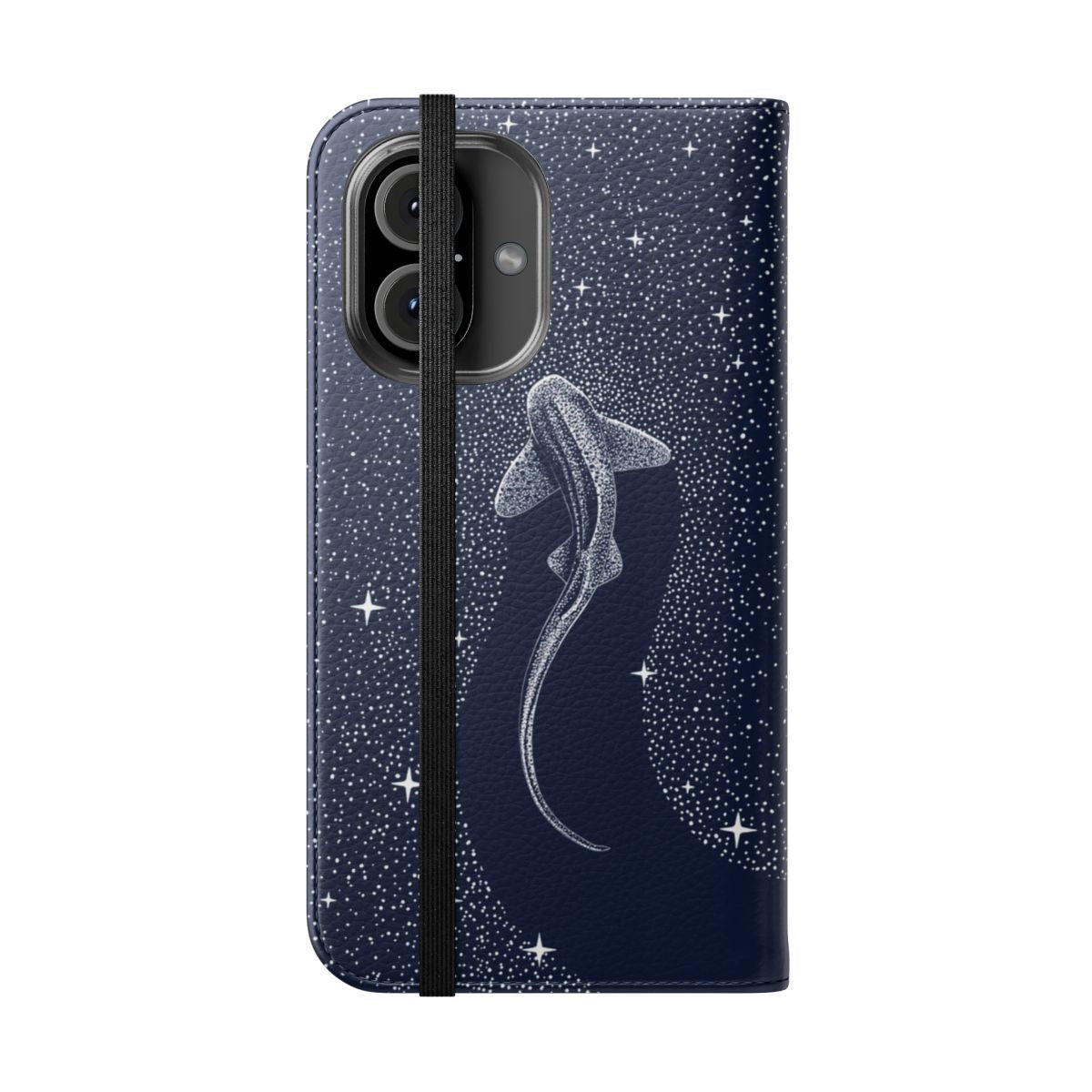 Vibrant flip cover phone case featuring a leopard shark swimming in a cosmic dreamscape - Folded Front