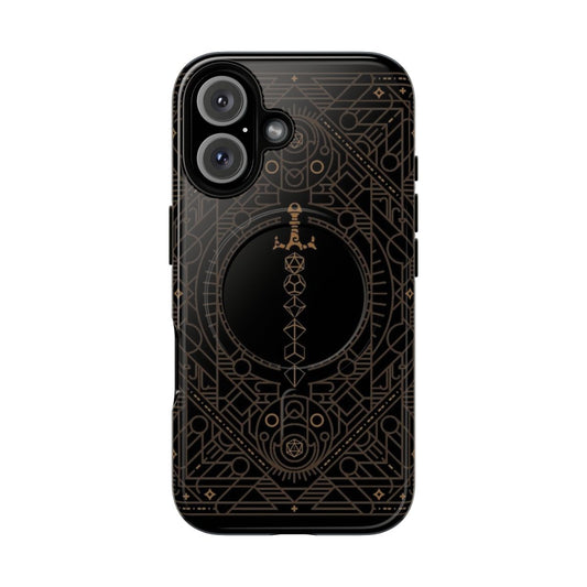 Vintage-inspired phone case with polyhedral dice and sword design in a minimalist geometric style