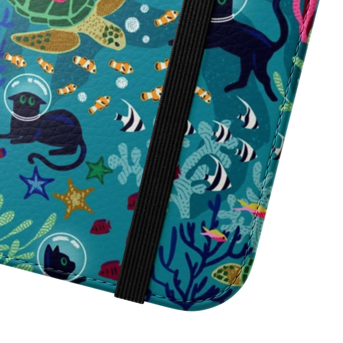 Colorful phone case cover featuring a pattern of cats exploring a coral reef underwater scene. - Close Up