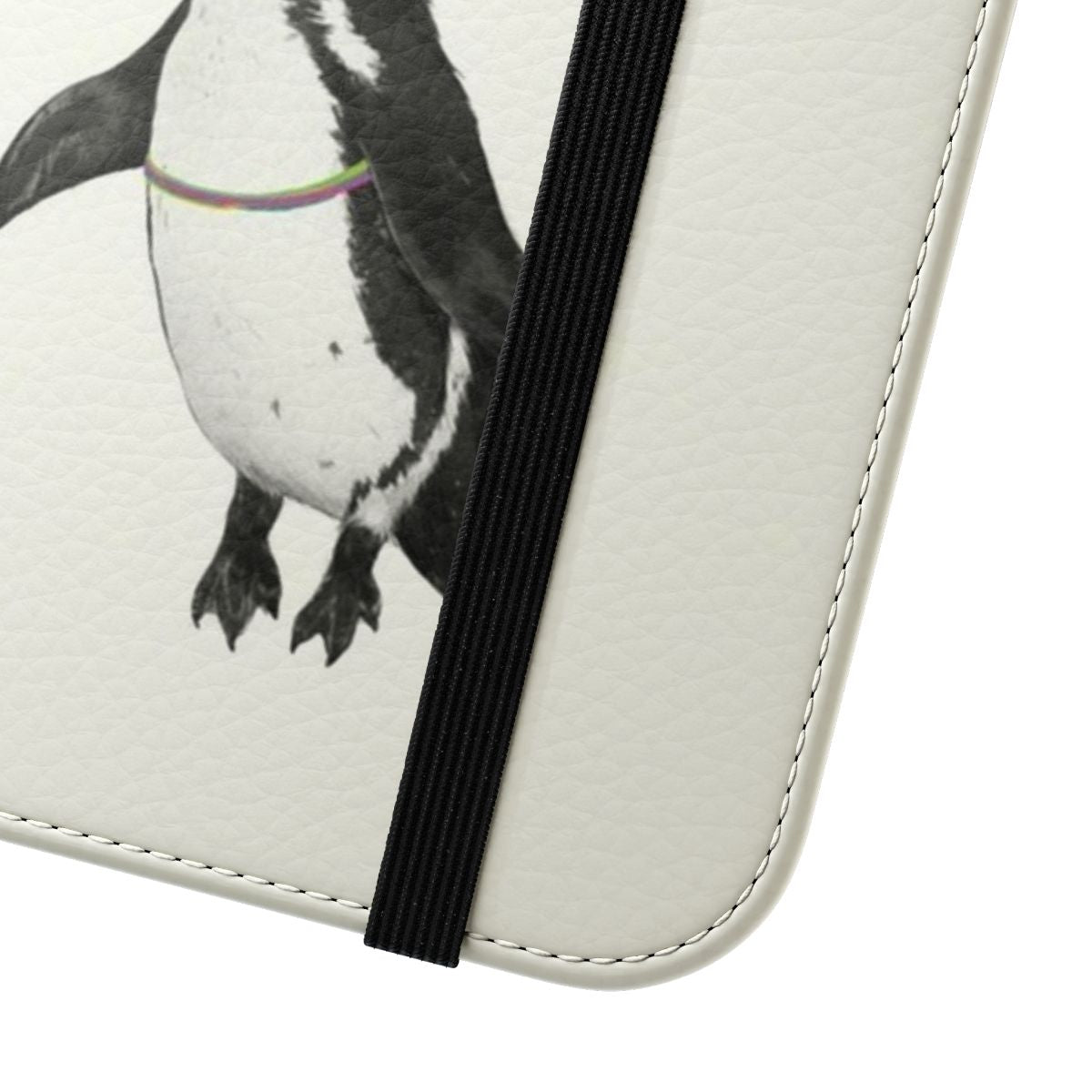 Whimsical flip phone case featuring a penguin flying with colorful balloons - Close Up