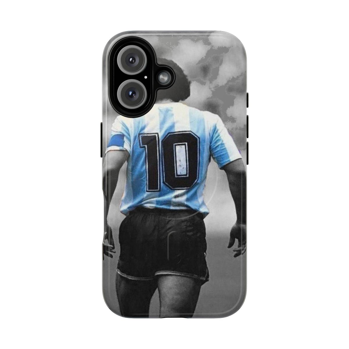 A black phone case with a magnetic closure and the number 10 design, paying tribute to the football legend Diego Maradona.