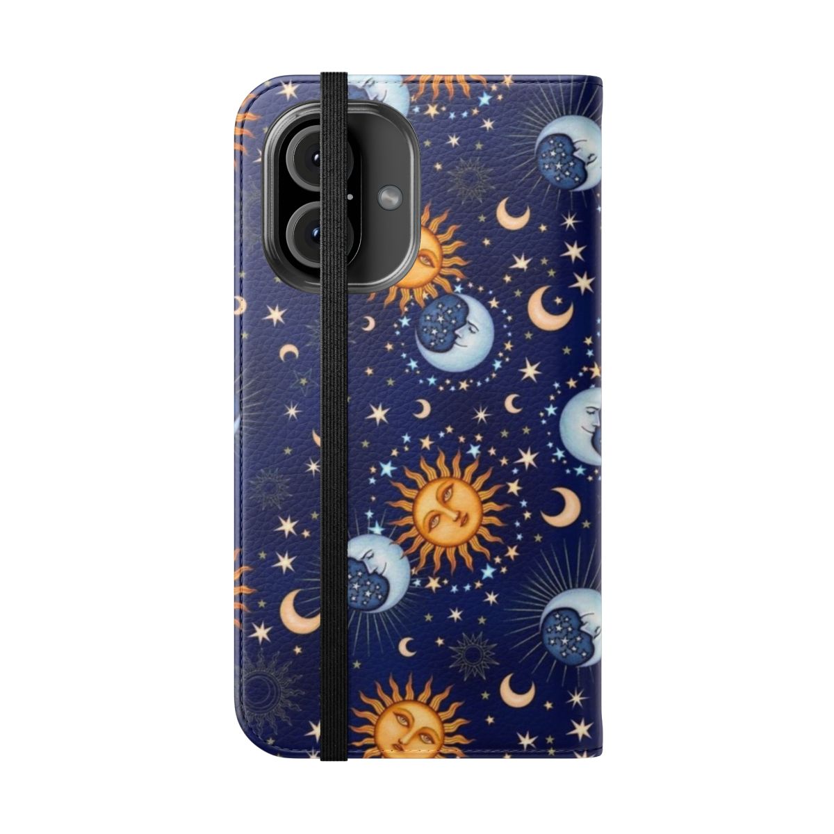 Celestial sun and moon flip phone case with stars and galaxy design - Folded Front