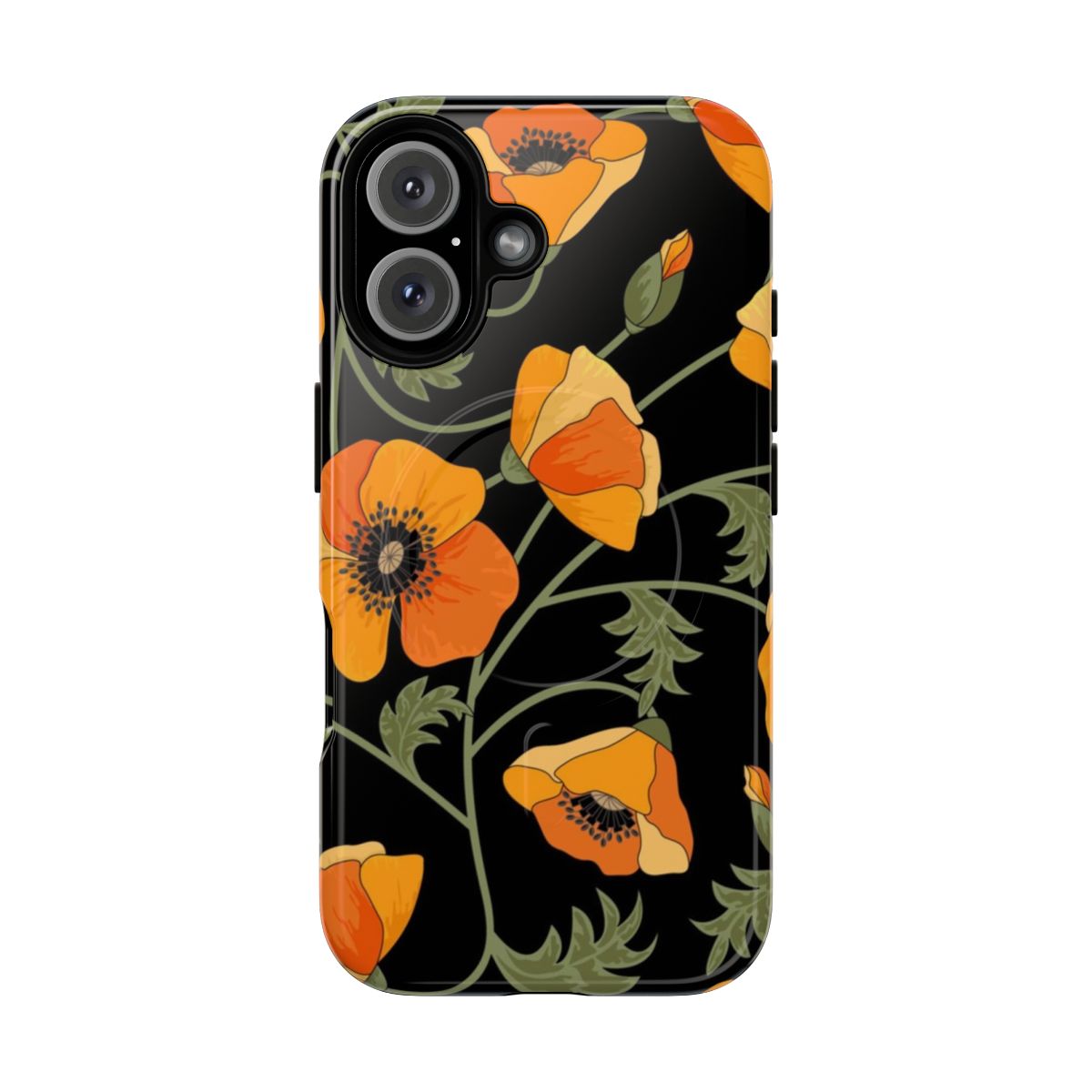 Artistic phone cases featuring a bold, vector-style pattern of yellow California poppies on a black background.