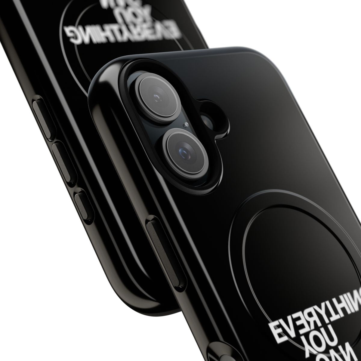 Phone case with text "Everything you can imagine is real" in Akzidenz Grotesk font against a minimalist, asymmetric graphic design - Detail