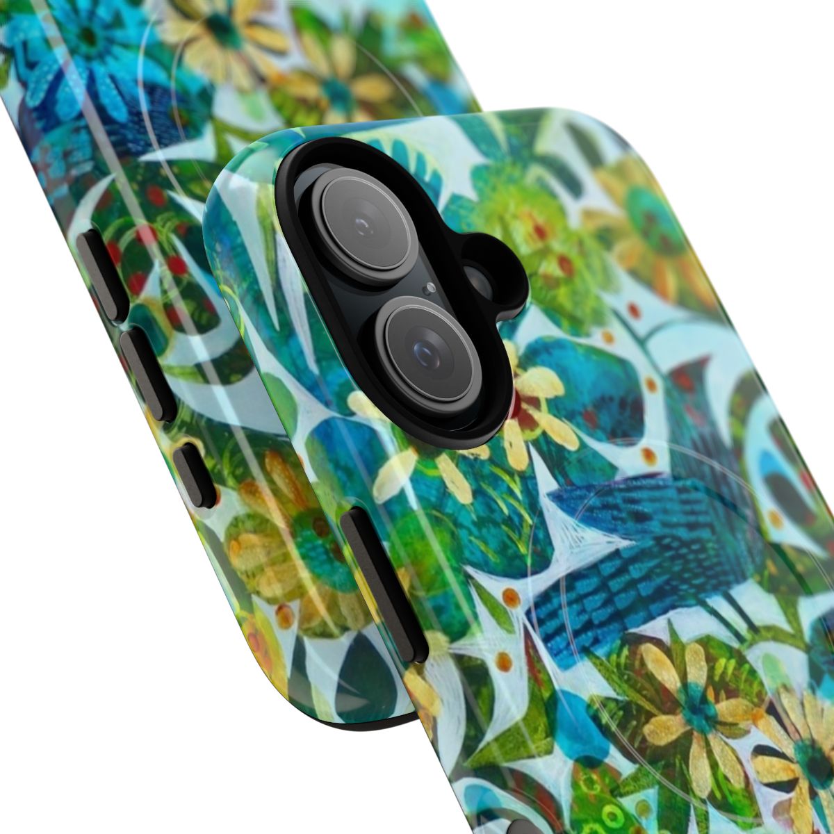 Colorful phone case with a magnetic design and nature-inspired illustrations by Este MacLeod - Detail