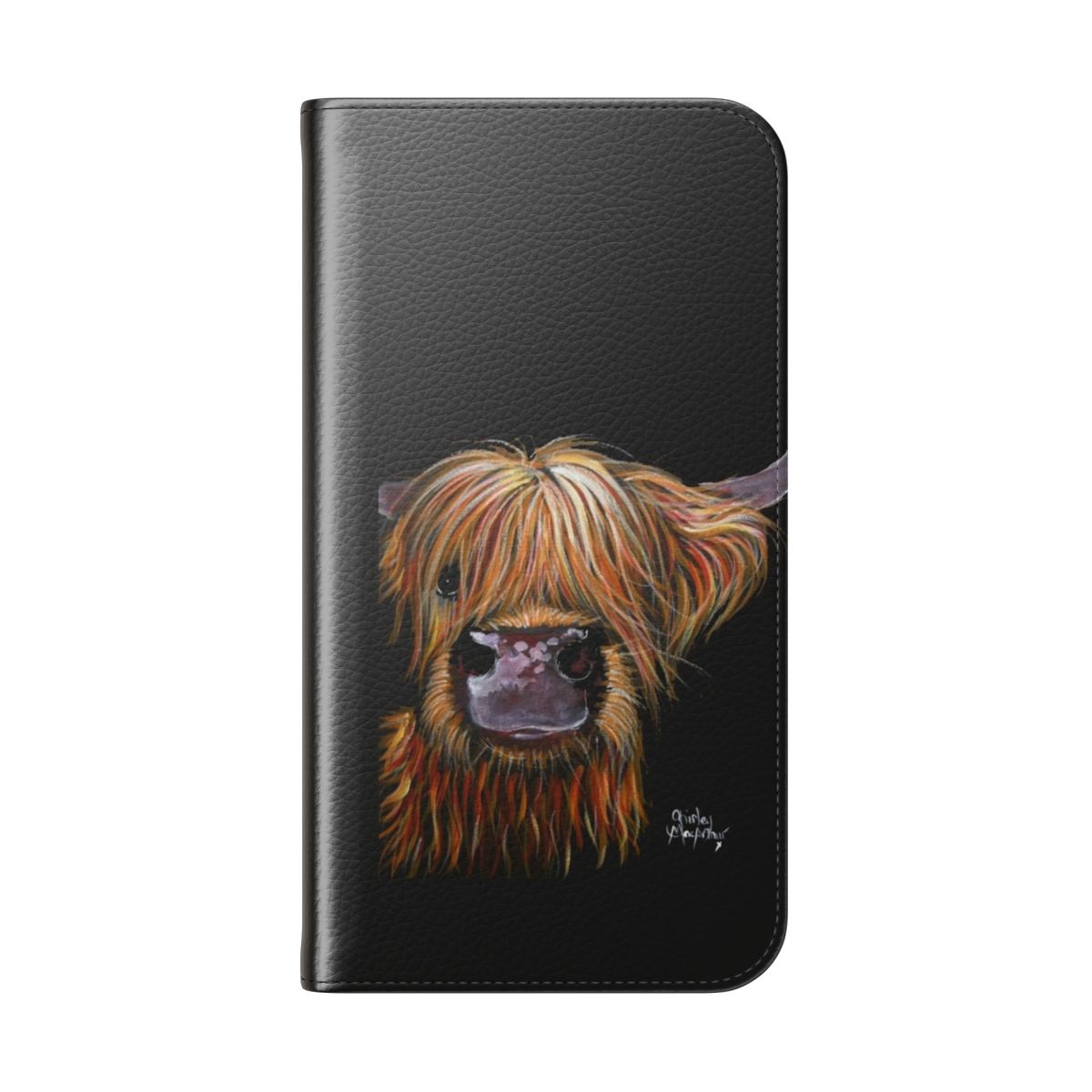 Colorful illustration of a friendly Scottish Highland cow named "Henry" on a flip cover phone case - Folded Back