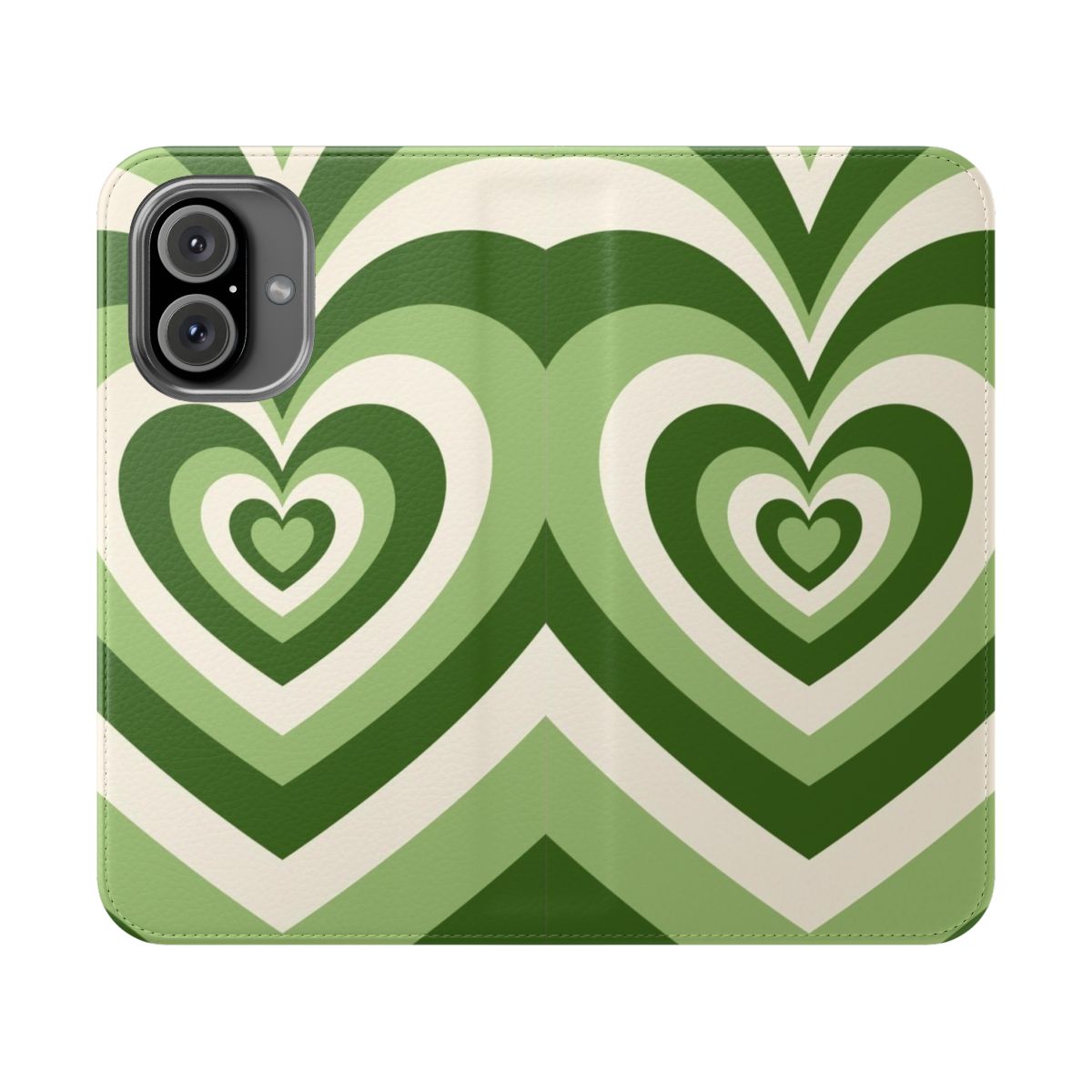 Sage green wildflower pattern flip phone case with a matcha love heart design