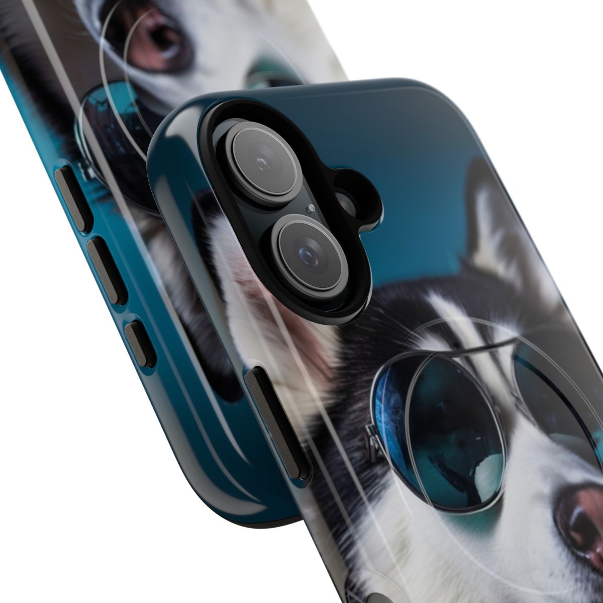 Vibrant illustration of a friendly Siberian husky on a protective phone case. - Detail