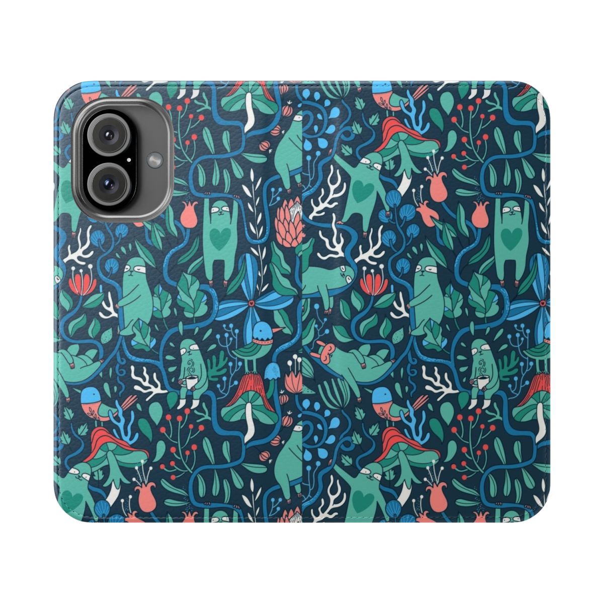 Colorful sloth pattern phone case with tropical flowers and leaves