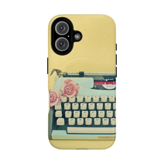 Magnetic tough phone cases with a vintage typewriter and floral design