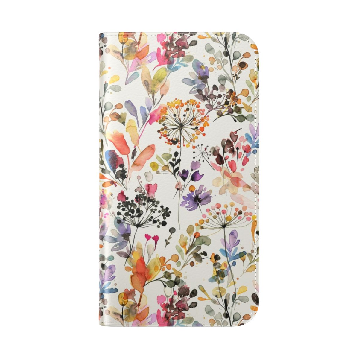 A flip cover phone case featuring a watercolor illustration of wild flowers and plants in a botanical print design. - Folded Back