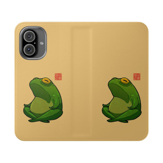 A flip phone case featuring a frog in the cross-legged yoga pose known as sukhasana.