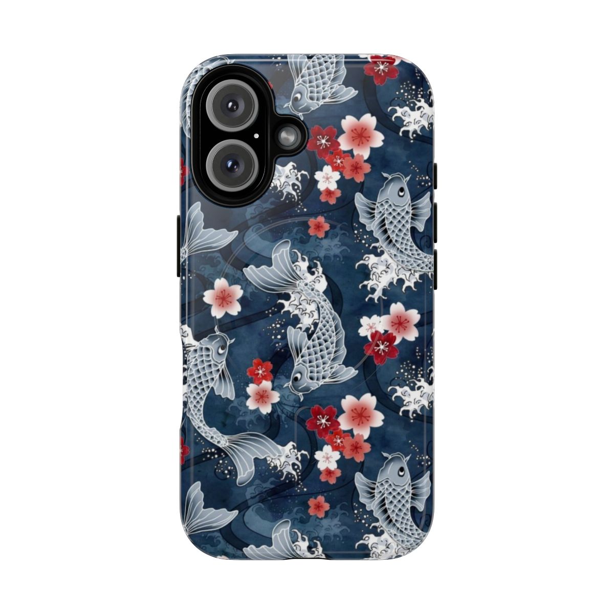 Magnetic tough phone case featuring a watercolor design of blue koi fish and sakura blossoms