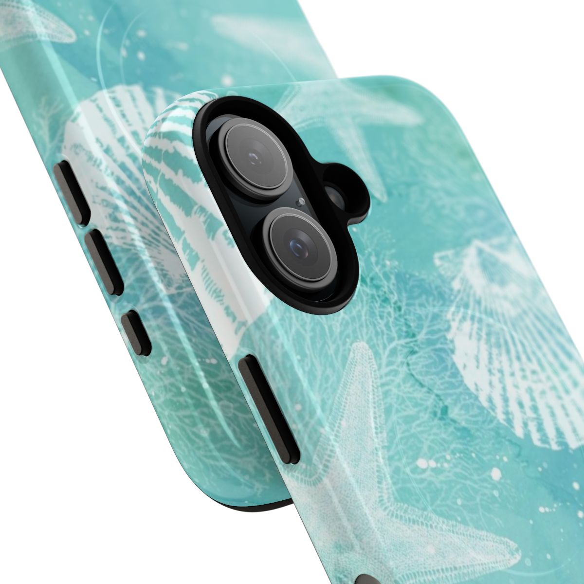 Coastal-inspired magnetic phone case with starfish, seashells, and turquoise/aqua design - Detail