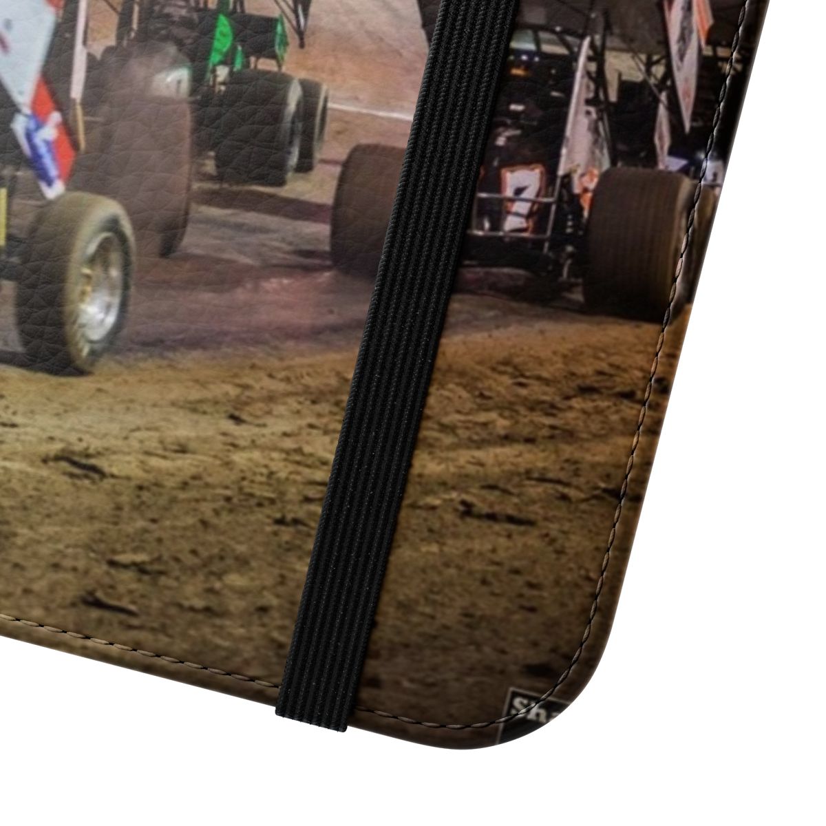 Flip cover phone case featuring a vibrant sunset over a speedway track with race cars. - Close Up