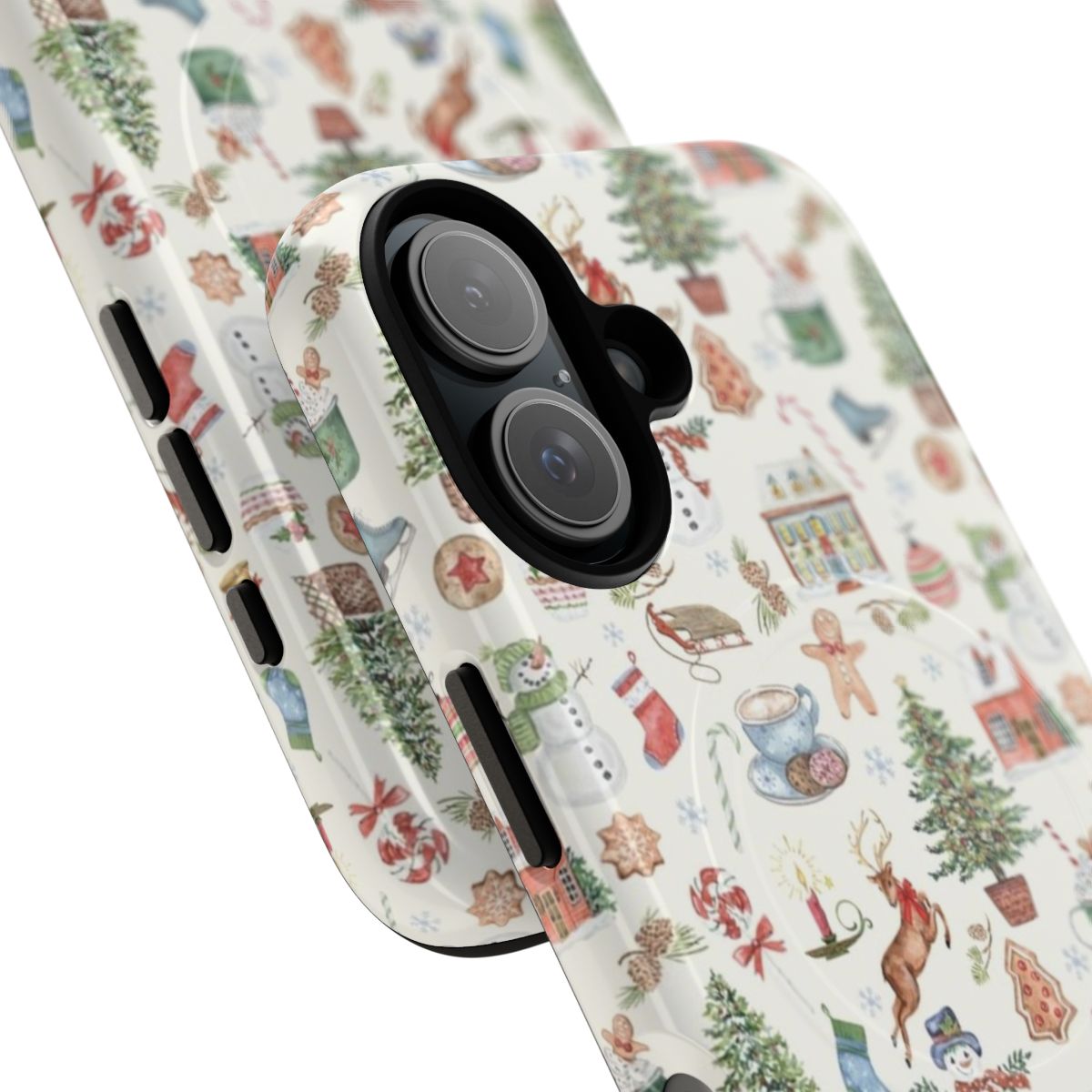 Festive holiday-themed phone case with designs like bells, trees, and winter accessories - Detail