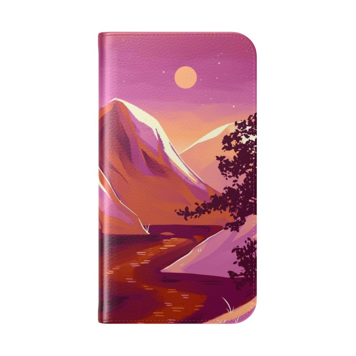 Colorful phone case cover featuring a mountain landscape and lesbian pride design. - Folded Back