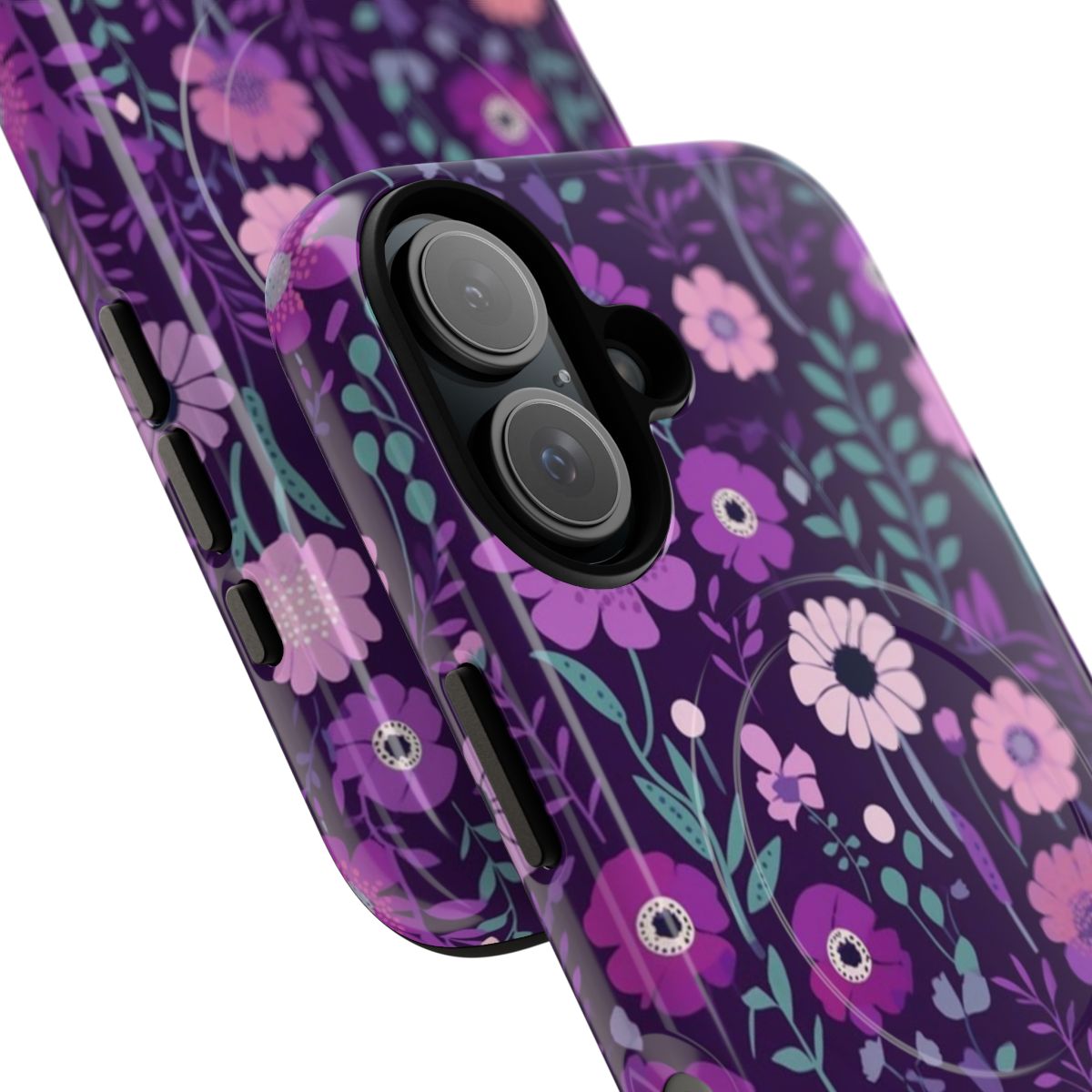 Purple flowers pattern on a tough, magnetic phone case - Detail