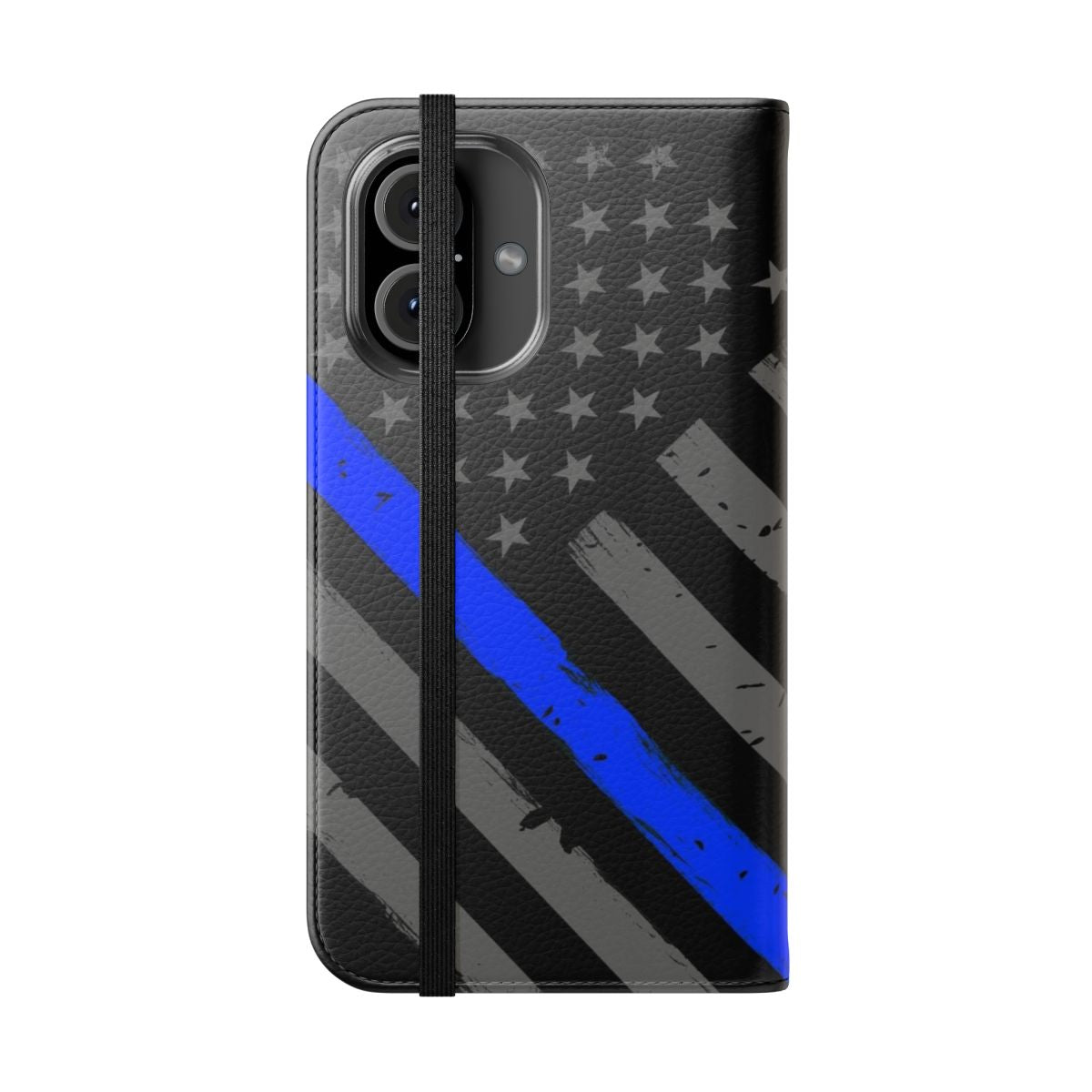 A blue and black phone case with a thin blue line American flag design, supporting police officers and law enforcement. - Folded Front