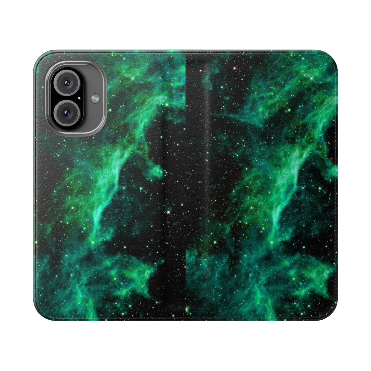 A green flip cover phone case featuring a cosmic galaxy design with stars, planets, and constellations.