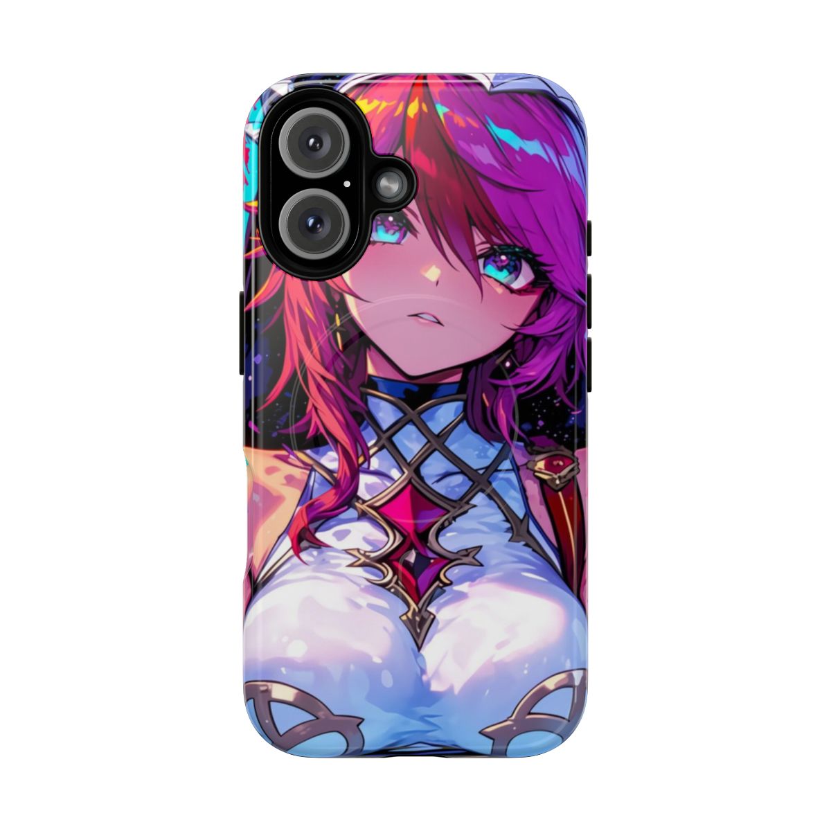 Genshin Impact inspired phone case featuring Rosaria and Teyvat landscapes