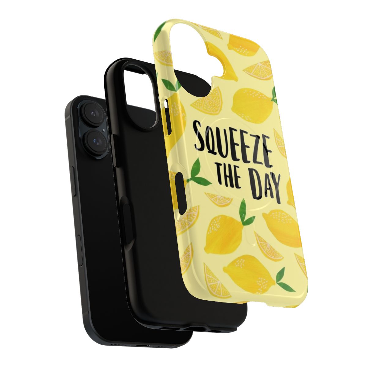 Magnetic tough phone case with a "Squeeze the Day" lemon design, featuring a motivational and punny print. - Layers