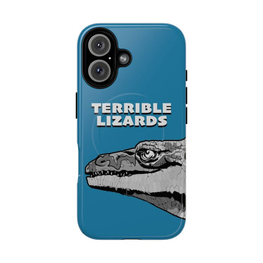 Magnetic phone case featuring a design with a tyrannosaurus rex and other prehistoric dinosaur creatures.