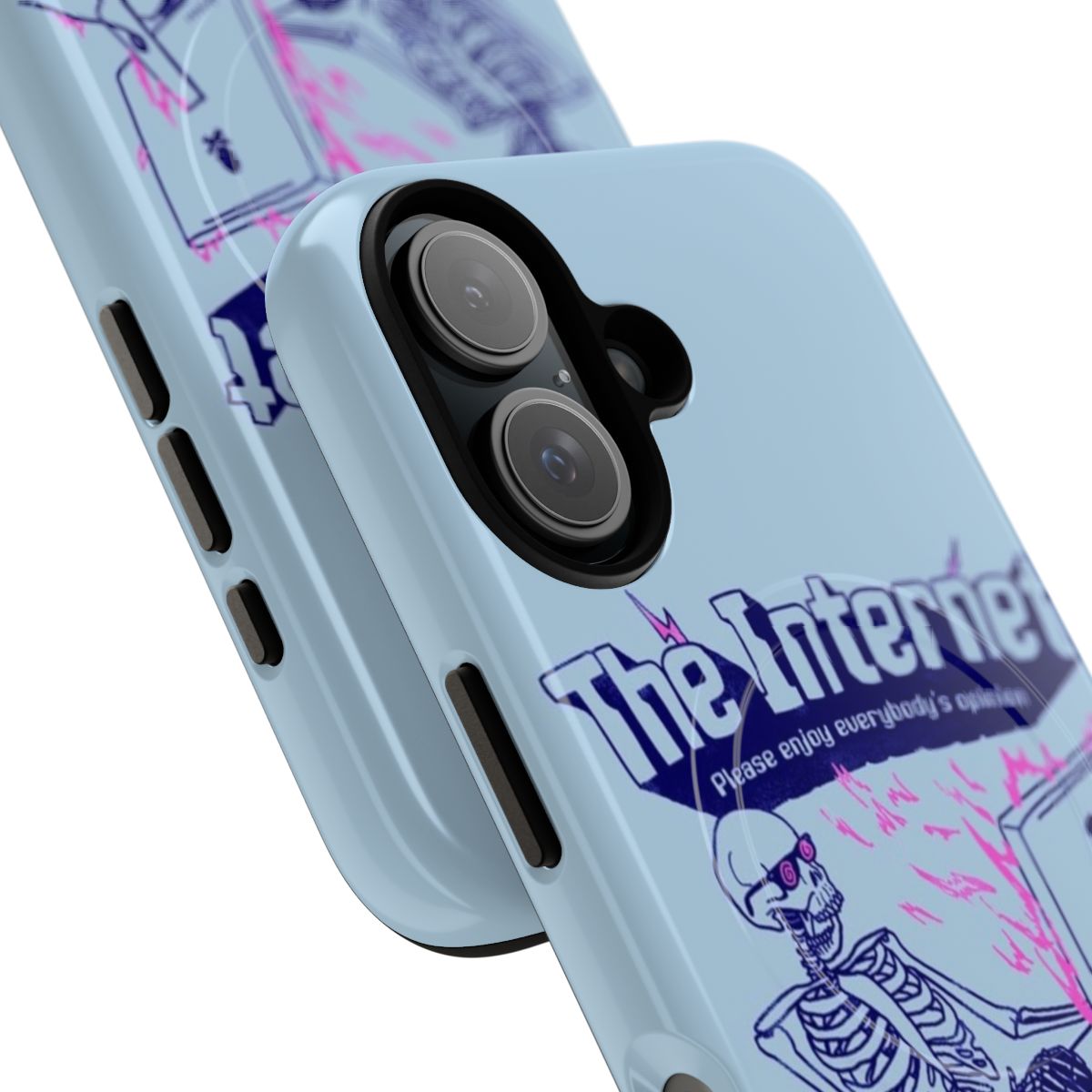 Magnetic tough phone case with internet meme, skeleton, and fire graphics - Detail