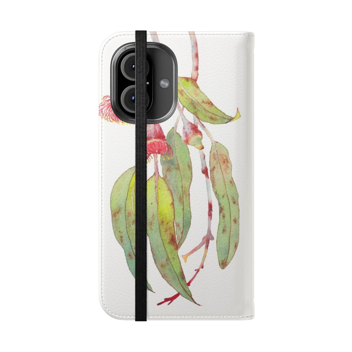 Watercolor painting of the pink and green flowers of the Australian silver princess eucalyptus plant on a phone case. - Folded Front