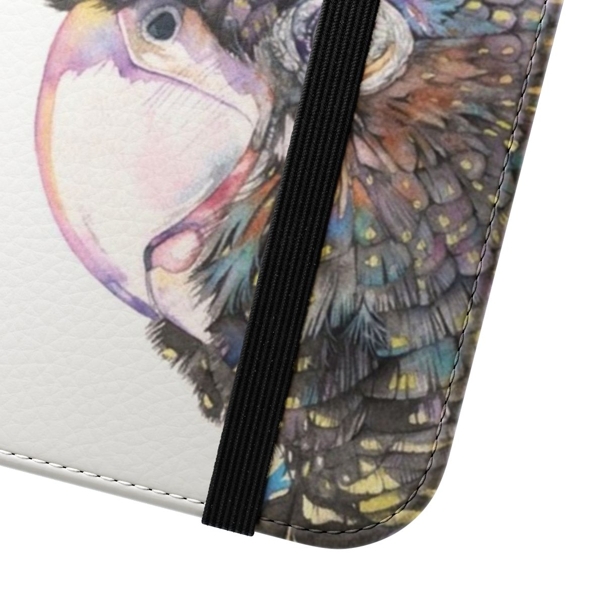 Black cockatoo bird design on a phone case - Close Up