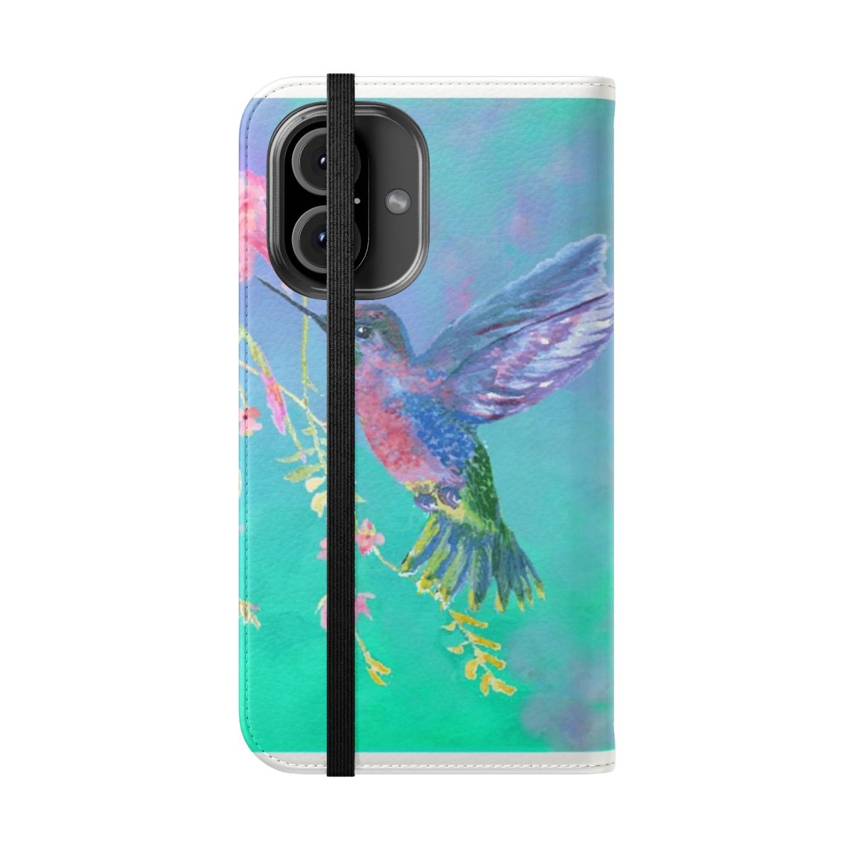 Colorful flip cover phone case featuring a detailed hummingbird design - Folded Front