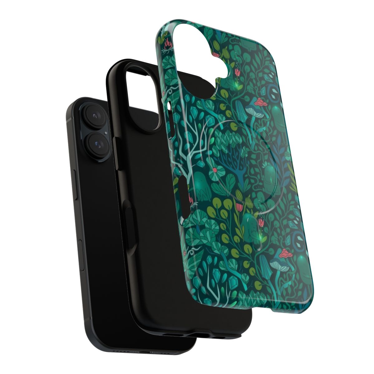 Magnetic tough phone case with a vibrant emerald forest design featuring fairy woodland creatures, plants, and mushrooms. - Layers