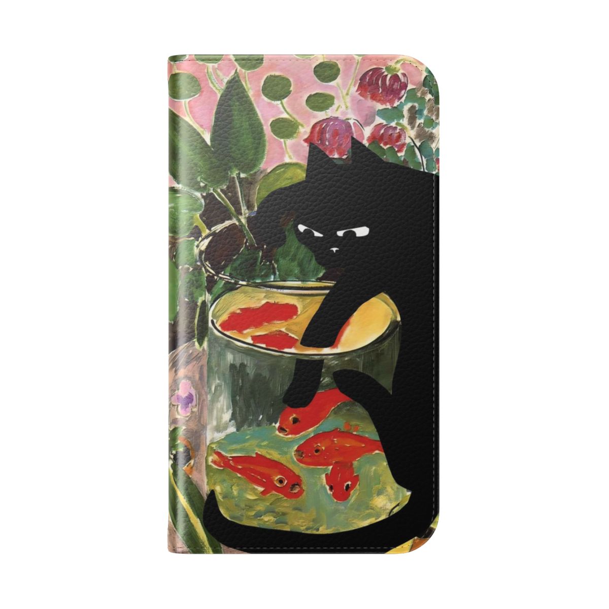 Vibrant flip phone case featuring Matisse's painting of goldfish and a mischievous cat. - Folded Back