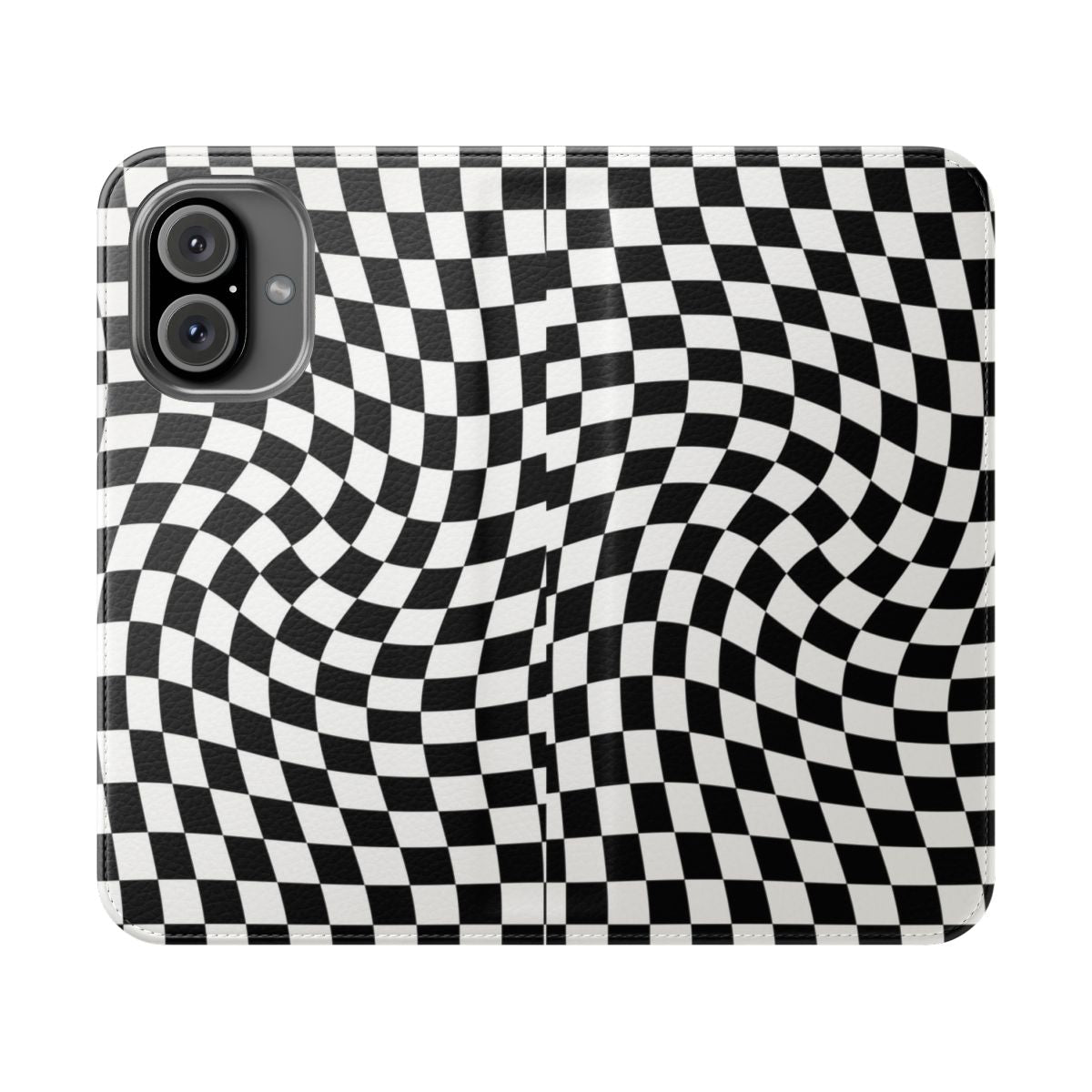 A black flip phone case with a retro checkered pattern design