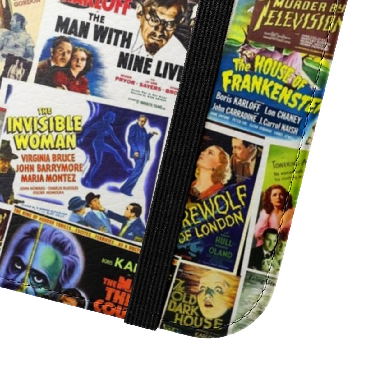 Vintage-style flip cover phone case with classic horror movie imagery - Close Up